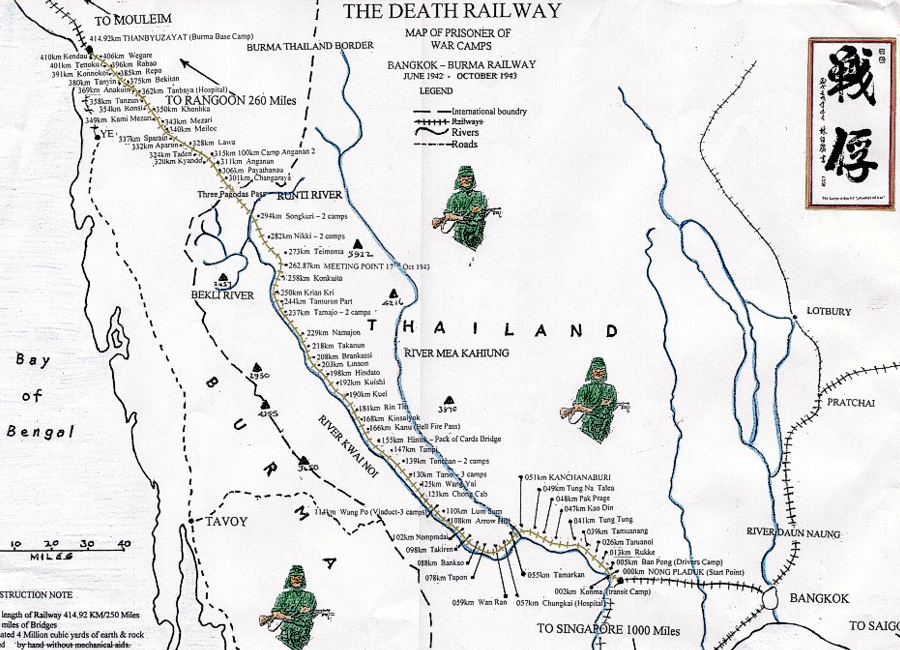 Mapa sieci obozów wzdłuż linii kolejowej Birma-Tajlandia.