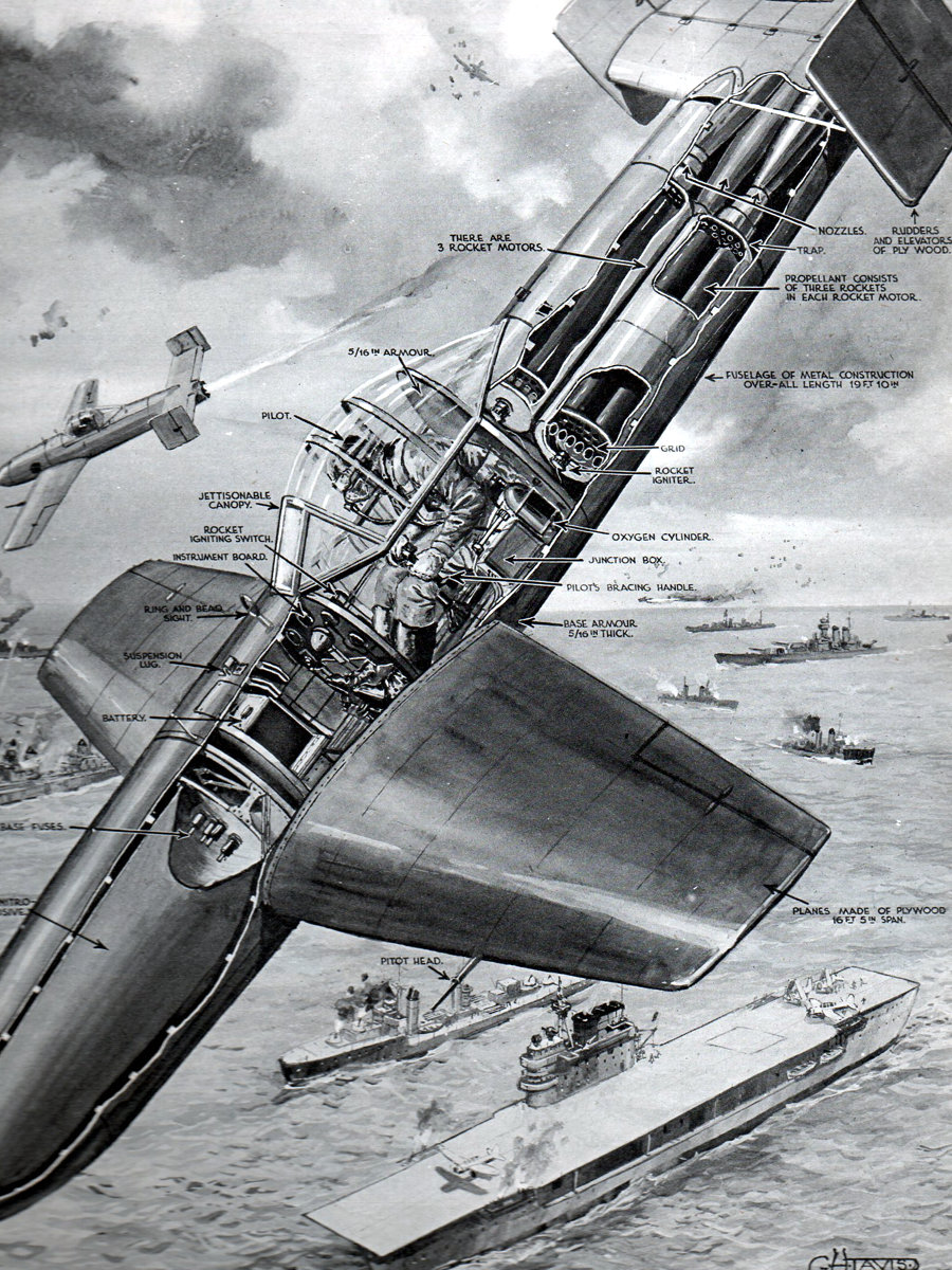 Amerykański plakat wojenny opisujący budowę samolotu-pocisku Ohka