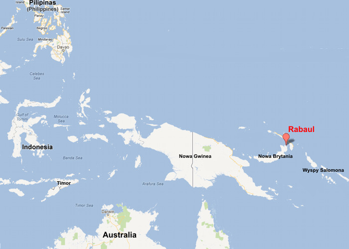 Położenie wyspy Nowa Brytania i miasta Rabaul