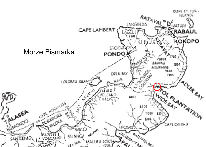 Mapa okolic miasta Rabaul. Czerwonym kółkiem zaznaczona została plantacja Tol