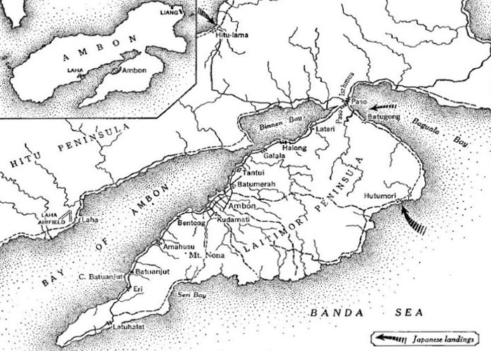 Wyspa Ambon. Na mapie zaznaczone miejsca japońskich desantów oraz lotnisko Laha