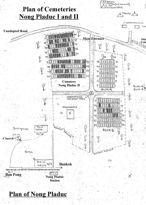 Mapa osady Nong Pladuk z zaznaczoną stacją i obozem jenieckim.