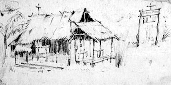 Rysunek przedstawiający kościółek katolicki w obozie 'Chungkai'.