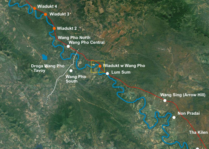 Odcinek linii kolejowej pomiędzy 'Tha Kilen' a 'Wang Pho'. Żółty prostokąt oznacza zbliżenie terenu w rejonie wiaduktu 'Wang Pho' pokazane na zdjęciu nr 81.