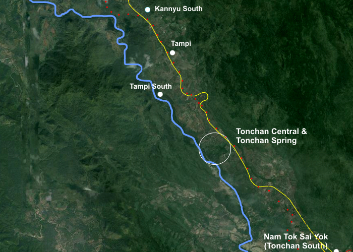 Przybliżona trasa linii kolejowej na odcinku 'Nam Tok' - 'Kannyu South'.