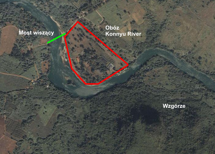 Położenie obozu 'Konyu River' na tle obecnych zabudowań.