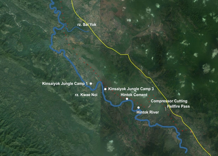 Mapa odcinka linii kolejowej od Hellfire pass do rzeki Sai Yok.