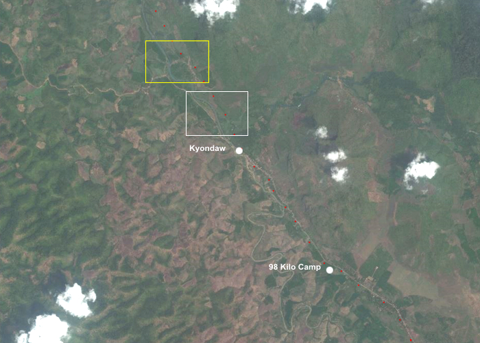 Odcinek linii kolejowej w rejonie obozów '98 Kilo Camp' i 'Kyondaw'.