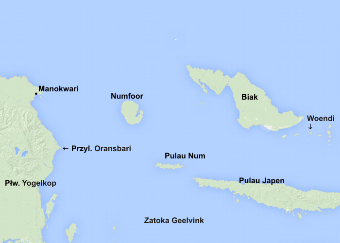 Rejon zatoki Geelvink z zaznaczoną wyspą Woendi i przylądkiem Oransbari.