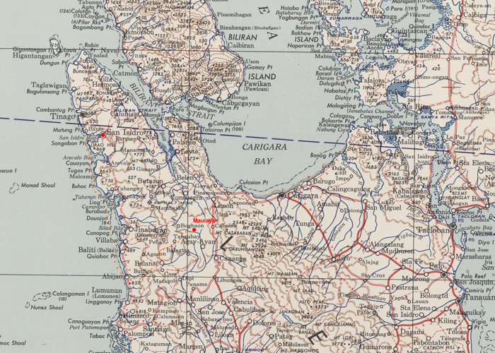 Północna część Leyte z zaznaczoną trasą grupy Woodrowa Hobbsa.