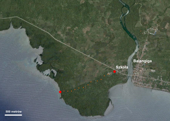 Przybliżona trasa marszruty zespołu Sumnera w rejonie osady Balangiga.