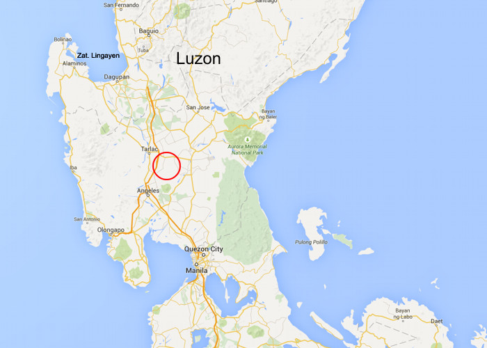 Wyspa Luzon. Rejon pomiędzy Tarlac a Manila. Czerwonym okręgiem zaznaczono miejsce działania grupy Billa Littlefielda.
