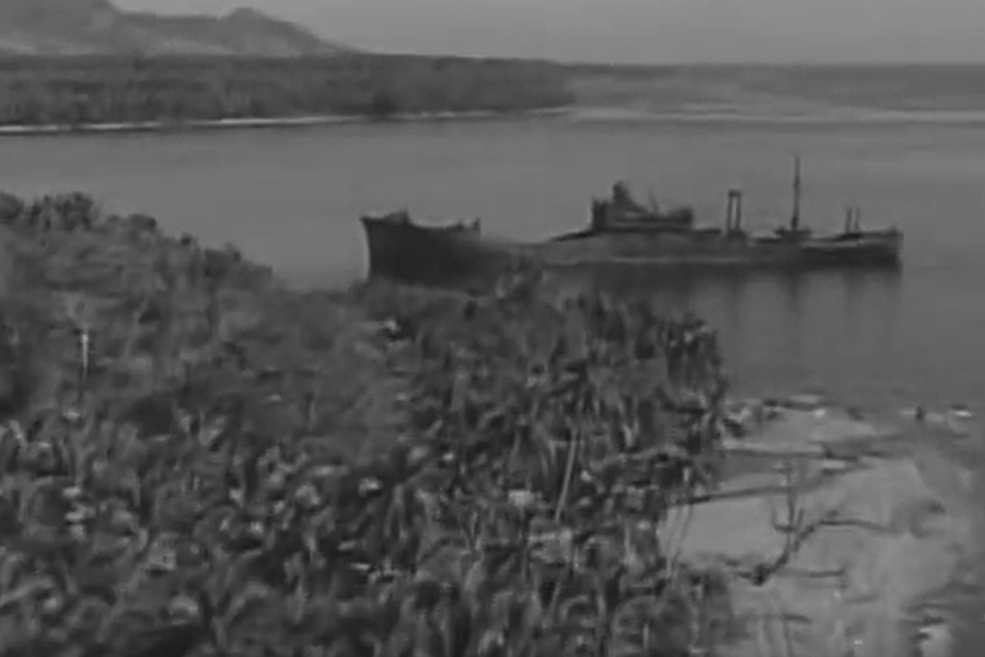 Wrak transportowca Yamaura Maru. W dolnej części zdjęcia widoczne ujście rzeki Tambalego. Rok 1943.